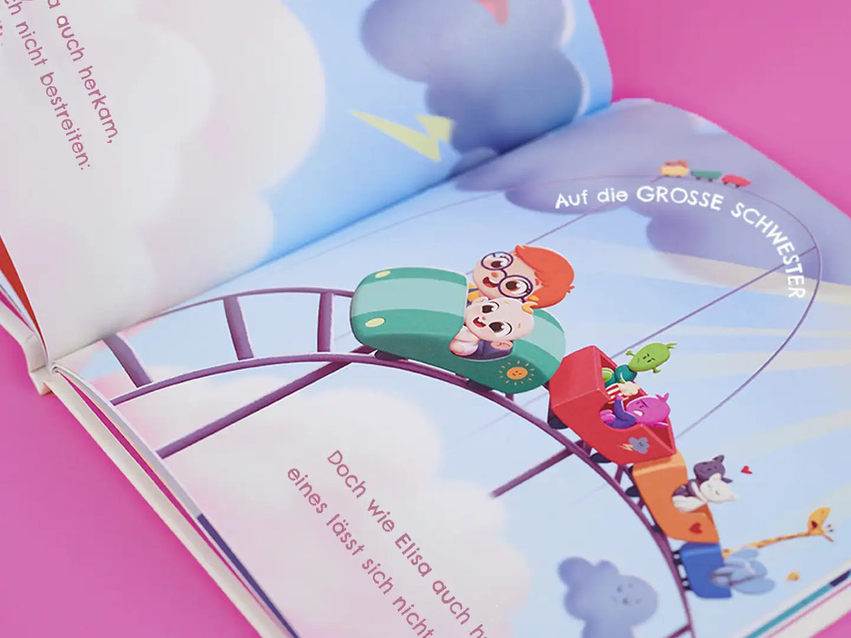 Im Inneren eines personalisierten Buches für große Schwestern, das das beste Geschenk für eine große Schwester ist.	