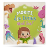 Das Buchcover von "Moritz, die Dinos sind los" und die farbenfrohen Illustrationen, die verschiedene Abenteuer mit Dinosauriern zeigen.	