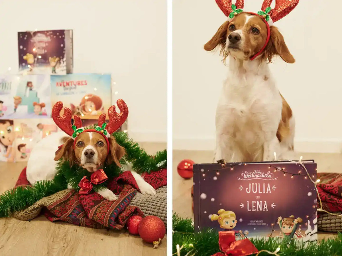 Ein Hund präsentiert das Weihnachtsbuch für Geschwister von Hurra Helden. 
