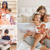 Glückliche Mütter und ihre bezaubernden Kinder mit ihrem tollen Muttertagsgeschenk, einem selbstgemachten personalisierten Buch für Mama und Kinder.