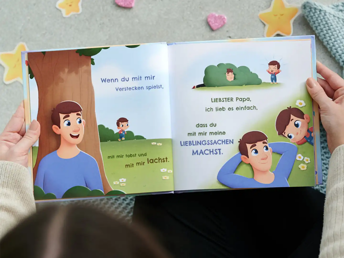 Dieses niedliche personalisierte Gedichtbuch über den Vater, der mit seinem Kind Verstecken spielt, ist ein tolles Geschenk für den Vater.