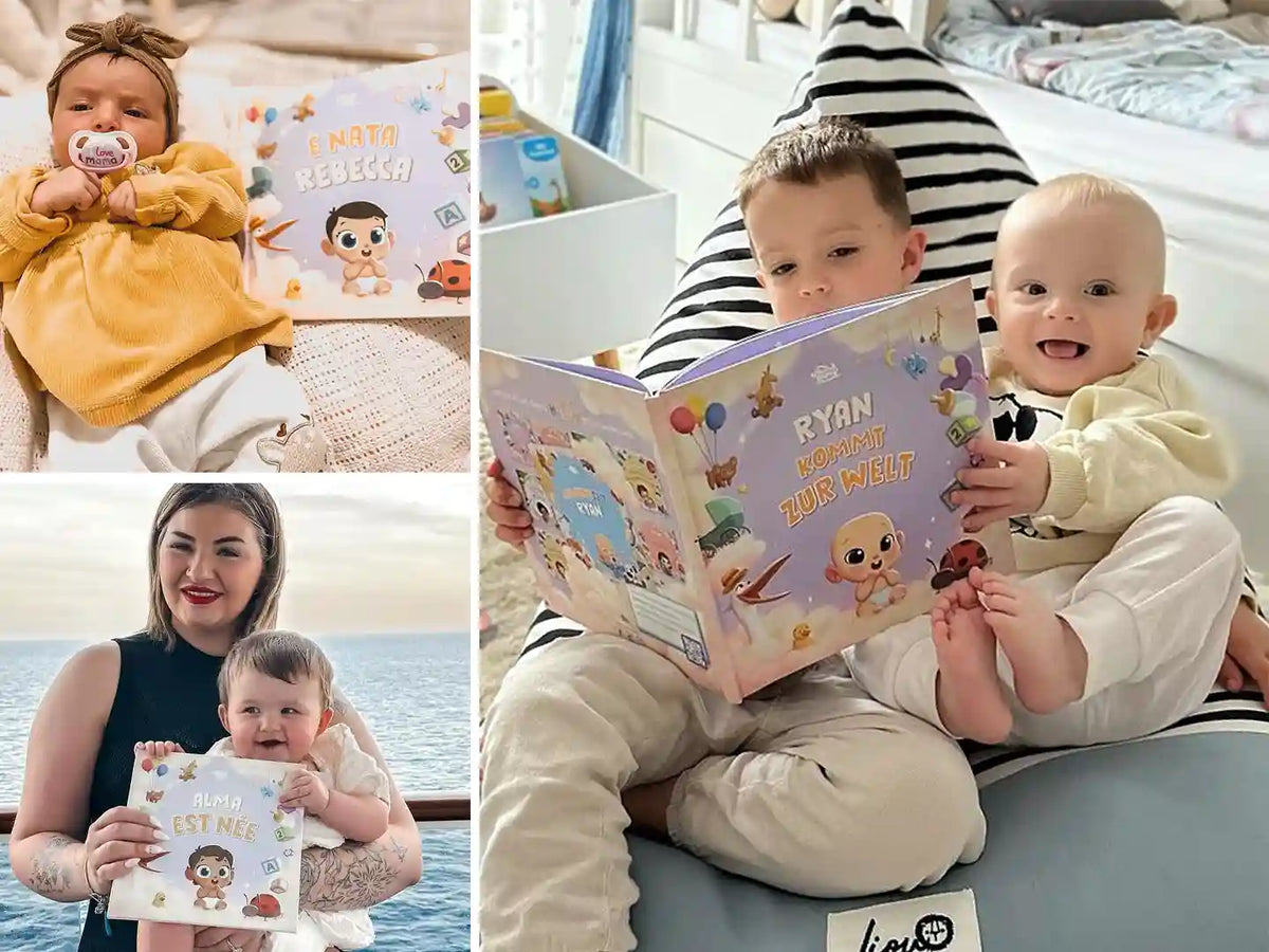 Babys und Mütter, die sich über ihr Geschenk für Neugeborene freuen, das personalisierte Buch für die Geburt.