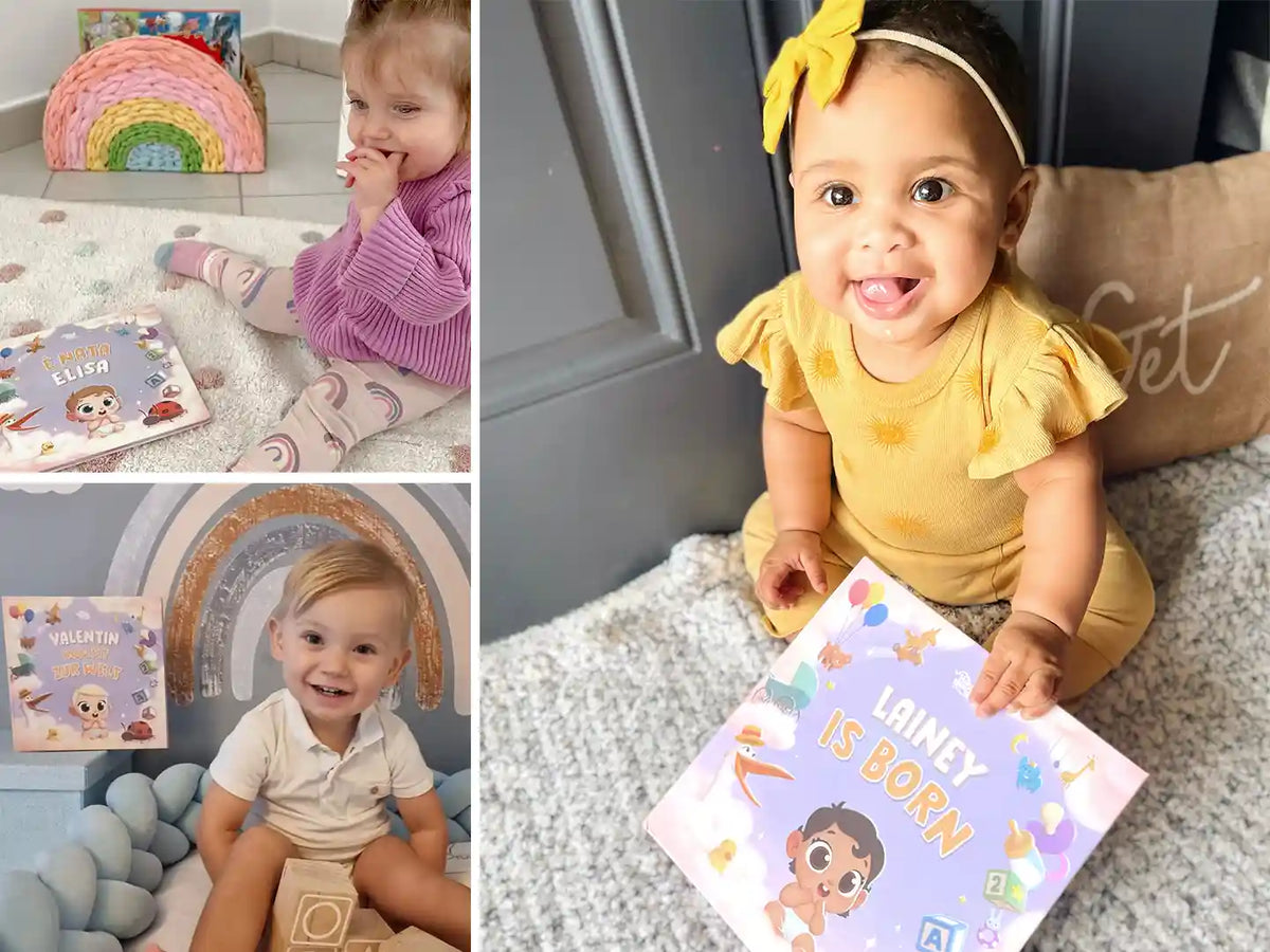 Glückliche Kinder mit ihren personalisierten Bücher für Neugeborene, ein perfektes Geschenk für die Babyparty. 