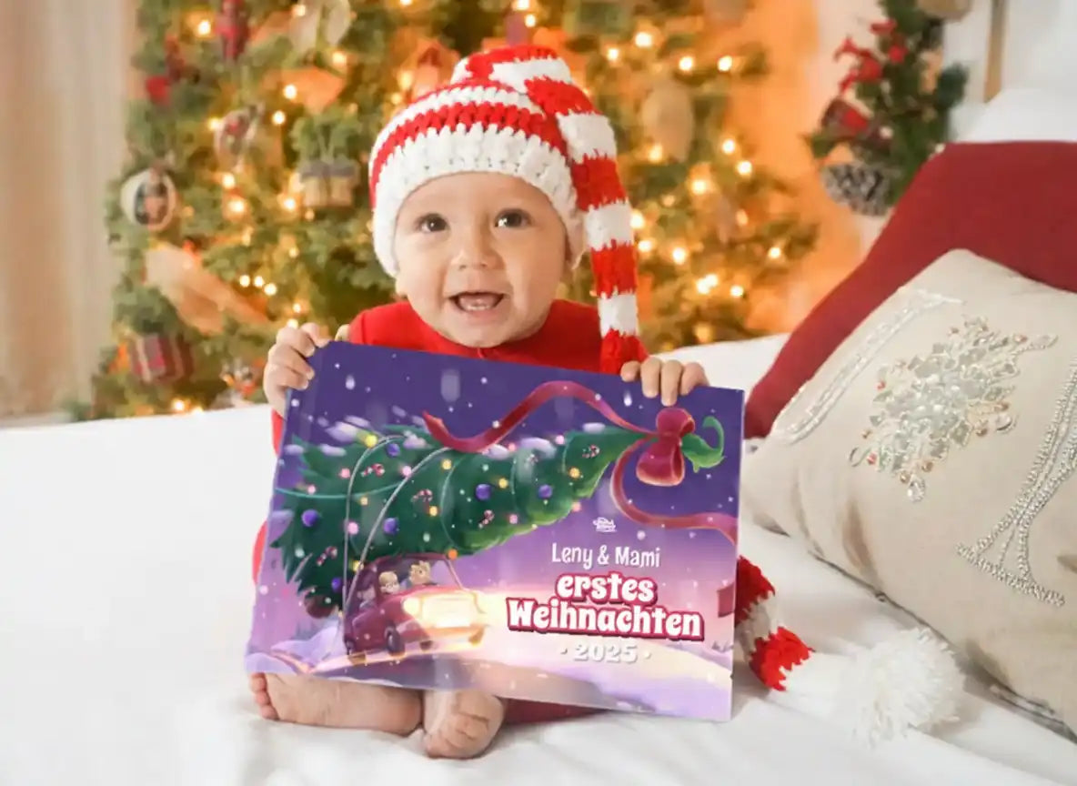 Baby im Weihnachtsoutfit hält das Buch „Leny & Mami – Erstes Weihnachten 2025“ auf einem Bett mit Tannenbaum im Hintergrund.