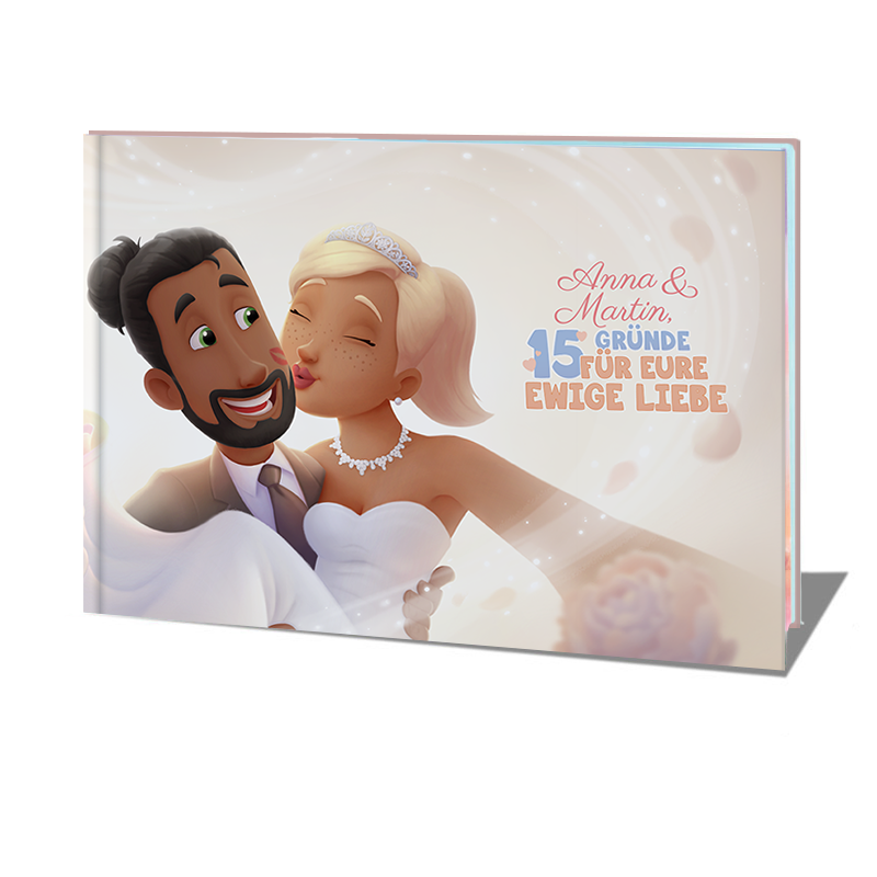Lande einen Volltreffer mit dem besten Hochzeitsgeschenk – einem personalisierten Liebesbuch fürs Brautpaar.